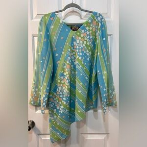 Bob Mackie Wearable Art Blue Green Asymmetrical Hem Tunic Top Sz XL Abstract